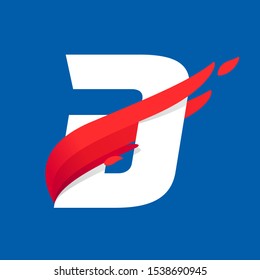 D letter logo with fast speed red bird wing. Typeface, vector design template elements for sport team, shipping, travel etc.