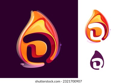 D letter logo in fire flame. Negative space 3D realistic icon. Vibrant initial in overlapping watercolor style. Vector watercolor font for danger labels, multicolor warning posters, sport identity.