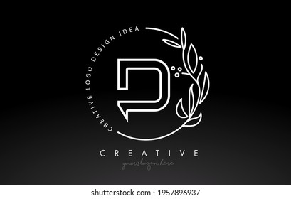 D Letter Logo with Floral Monogram Line Design and Circular Shape Vector. Elegant Leaf Botanical Design in Black and White Colors.