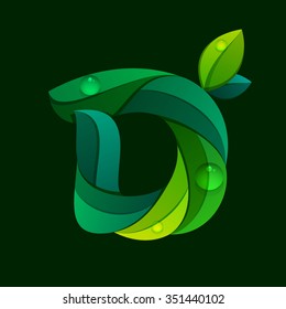 D letter logo formed by green leaves. Font style, vector design template elements for your application or corporate identity.