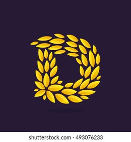 D letter logo formed by gold leaves. Vintage award laurel wreath. Vector triumph and success elements for banner, presentation, web page, card, labels or posters.