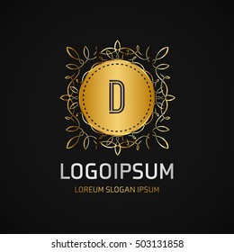 D Letter logo, Golden Monogram design elements, line art logo. Beautiful Boutique Logo Designs, Business sign, Restaurant, Royalty, Cafe, Hotel, Heraldic, Jewelry, Fashion, Wine. Vector illustration