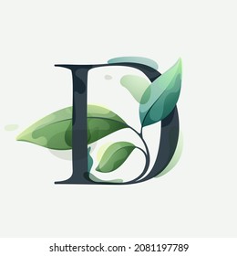D letter logo with green leaves in clear vector watercolor style. Serif sans font for luxury emblem, botanical identity, ecology projects, wedding invitations.