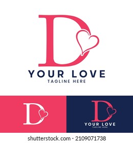 D letter logo with heart icon, Happy Valentines initial D logo, Valentines Day greeting card banner logo template