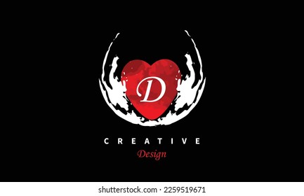 D letter logo in heart shape at red water color on black background Happy Valentines Day Vector abstract design element