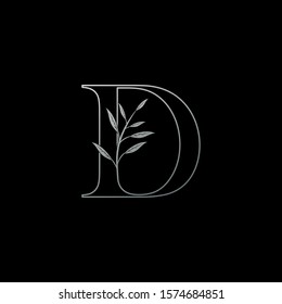 D letter logo icon, silver outline monogram initial vintage design concept nature leaves with letter D.