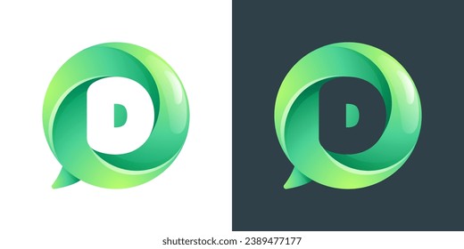 D letter logo inside speech bubble with swirl pattern. Negative space style icon. Colorful gradient emblem for your social media app, call center, online message, feedback icon, telemarketing screen.