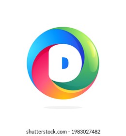 D letter logo inside swirling loop circle. Negative space style icon. Colorful gradient emblem for your social network app, fun avatar or loading screen.