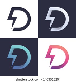 D letter logo with lightning / electric / power in 4 colors