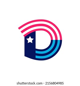 D letter logo made of American Stars and Stripes flag. Vector font for US history and 4th of July celebration in flat style. Perfect for Independence Day cards, invitations, banners.