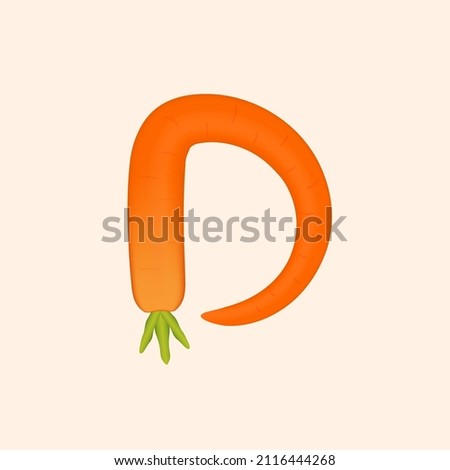 D letter logo made of carrot. Vector hand made organic vegatable font. Useful for vegatable logo, ecology and organic elements, vegan identity etc.