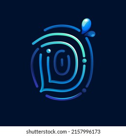 D letter logo made of fingerprint with pure water waves and drops. Blue gradient line icon. Vector emblem for environment friendly design, drink advertising, ecology application, organic identity.