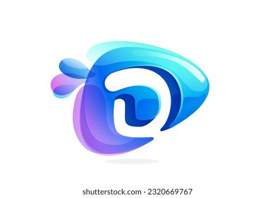 D letter logo made of spring water and dew drops. Environment friendly initial. Pure eco emblem in overlapping watercolor style. 3D realistic icon in round triangle arrow shape. Vector play button.