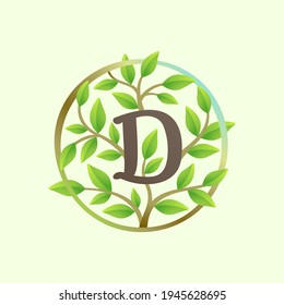 Logo de la letra D hecho de ramas de árbol torcidas y hojas verdes en círculo. Fuente vectorial ecológica para emblema vegano, identidad botánica, camisetas de primavera creativas, mercancía orgánica.