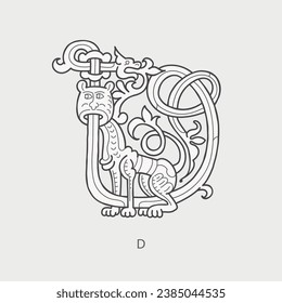 D letter logo. Medieval drop cap monogram. Initials made of spiral Celtic beasts, lion, leopard. Gothic illuminated calligraphy. Middle Ages heraldic ornate capitals. Germanic font for pagan tattoos.
