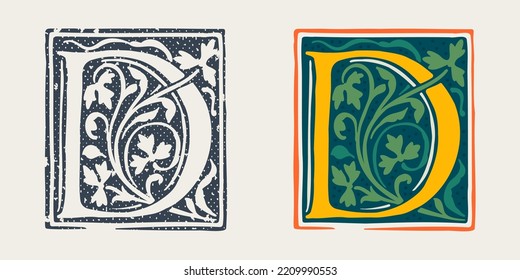 Logo de la letra D en estilo gótico medieval. Conjunto de emblemas de color oscuro y de estilo monocromo grunge. Tapa inicial de caída grabada. Perfecto para identidad de primera calidad vintage, afiches de la Edad Media, embalaje de lujo.