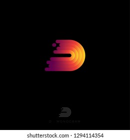 D letter logo. D monogram. The original logo consists of rounded stripes with a gradient. Bright backlight. 3D illusion.