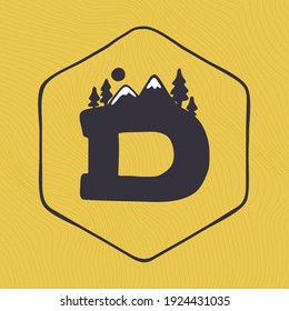 D letter logo with mountains peaks and trees on a landscape line pattern. Adventure and outdoor vintage emblem perfect for t-shirts, apparel and other merchandise.