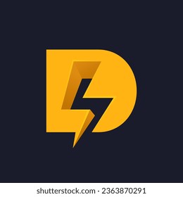 D letter logo with negative space lightning. Flash vector monogram. Electric bolt icon. Perfect type for energy labels, superhero t-shirt print, rock music posters, delivery art, electromobile adv.