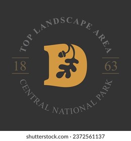 D letter logo with oak leaf and acorn. Negative space style circle emblem template. Vector icon for your ecology identity, royal brand, organic nature symbol, university coat of arms, vintage label.