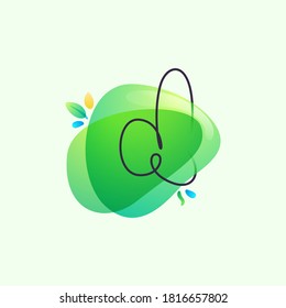 D letter logo placed on green watercolor blots. Overlapping splashes typeface can be used for ecology banner, natural lifestyle poster, vegan identity, etc.
