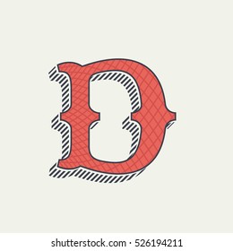 D letter logo. Retro western alphabet with line texture. Slab serif font. Vector vintage typography for your posters, sportswear, club t-shirt, banner, etc.