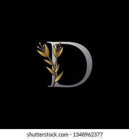 D Letter Logo With Silver and Gold Color. Simple Gold floral letter design  for book design, brand name, business card, Restaurant, Boutique.