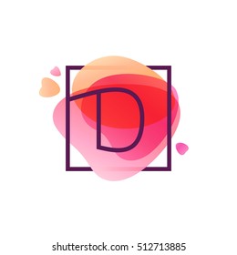 D letter logo in square frame at pink watercolor background. Happy Valentines Day design elements.