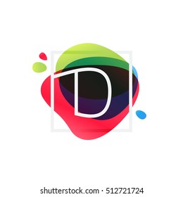 D letter logo in square frame at multicolor splash background. Vector watercolor elements for posters, t-shirts and cards.
