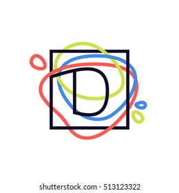 D letter logo in square frame at colorful line background. Font style, vector design template elements for your posters, invitations, cards. 