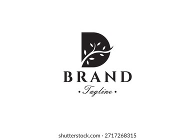 Logotipo de letra D con ramas de árbol en estilo de diseño de Vector de espacio negativo