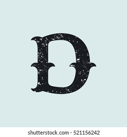 D letter logo. Vintage decorative slab serif with rough grunge texture. Vector font for western, sport or historical labels, posters etc.