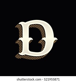 D letter logo in vintage western style with lines shadow. Vector font for barber shop labels, sport posters, jewelry cards etc.