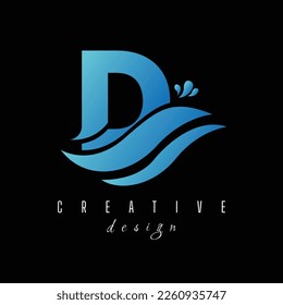 D Letter Logo with Waves and Water Drops Design Vector Illustration