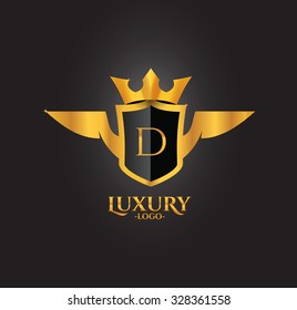 D Letter Luxury Golden Crest logo with wings and crown isolated in black background 