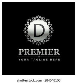 D letter Luxury Logo template flourishes calligraphic elegant ornament lines. Business sign, identity for Restaurant, Royalty, Cafe, Hotel, Heraldic, Jewelry, Premier and other vector illustration