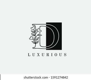 D Letter Luxury Vintage Logo. Minimalist D With Hand Drawn Leaves Shape design perfect for fashion, Jewelry, Beauty Salon, Cosmetics, Spa, Hotel and Restaurant Logo. 