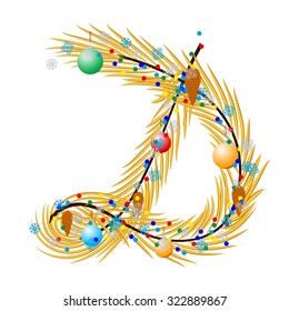 D- Letter. Made of a Christmas tree with festive decorations. Isolated on white