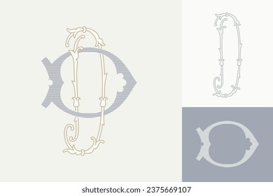 D letter marriage monograms for bride and groom names. Wide and Narrow capitals. Initials with thin swirled lines and lush foliage patterns. Perfect for wedding, anniversary, birthday invitation.
