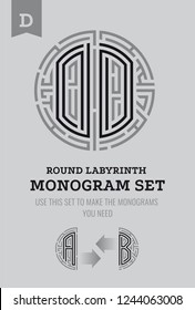 D letter maze. Set for the labyrinth logo and monograms, coat of arms, heraldry.
