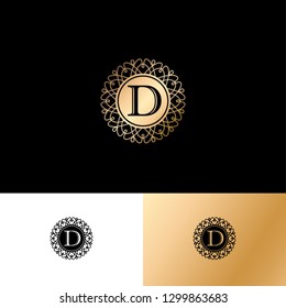 D letter or monogram. The original gold D letter symbol in an circle with lace ornament. Classic style.