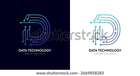 D letter network logo design for database tech innovation. Futuristic typographic connectivity logo, Cyberspace AI technology corporate brand vector. Data analysis gradient electric cyber text line.