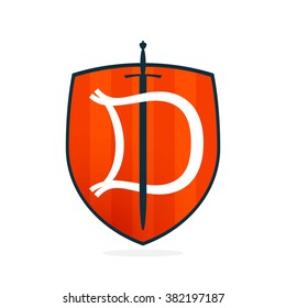 D letter on the sword and shield. Font style, vector design template elements for your application or corporate identity.