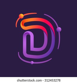 D letter one line with atoms orbits colorful logo. Abstract trendy multicolored vector design template elements for your application or corporate identity.