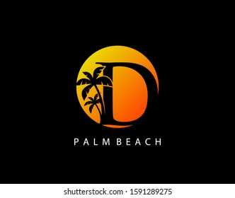 D Letter Palm Tree and Sun Set Logo Icon. Perfect for surfing shop, sport, Tour and Travel. Initial D with sunset and palm tree.
