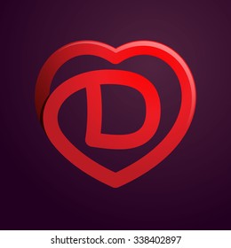 D letter with red heart. Vector design template elements for your application or corporate identity.