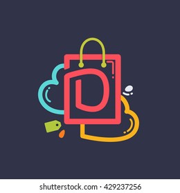 D letter with shopping bag and hearts icon. Vector design element for tag, card, corporate identity, label, sticker or poster.