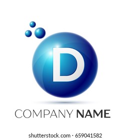 D Letter splash logo. Blue dots and circle bubble letter design on grey background. Vector Illustration