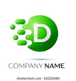 D Letter splash logo. Green dots and circle bubble letter design on grey background. Vector Illustration