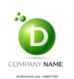 D Letter splash logo. Green dots and circle bubble letter design on grey background. Vector Illustration